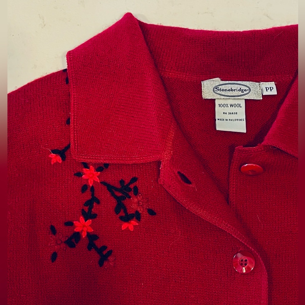 Stonebridge 100% Wool Embroidered Red/ Burgundy Holiday Cardigan Size PP 1X